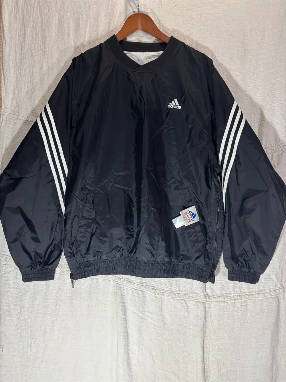 VTG 90s Adidas Reversible Pullover Windbreaker Jacket 3-Stripe Crewneck Black